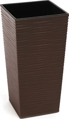 A tall, square, dark brown planter with a textured, ribbed surface.