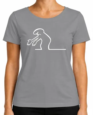 Imagen del producto de Camiseta para mujer, color gris, con el diseño "Linea Balum Strichmännchen Kult" del cómic de Osvaldo Cavandoli. Talla S