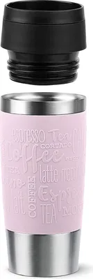 A pink travel mug with a black lid, featuring embossed text related to coffee and tea.