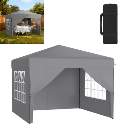 Produktbild von XMTECH Faltpavillon Pop-Up Pavillon 2,5x2,5 m, Wasserdicht & UV-Schutz, Ein-Knopf-Schnellaufbau, 3-fach höhenverstellbar, Grau (mit Seitenwände)