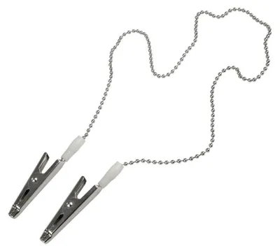 A pair of napkin clips connected by a beaded chain, shown against a white background.