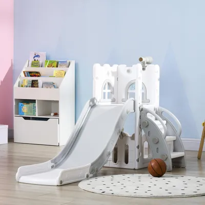 Produktbild von Kleinkinderrutsche Klettergerüst Kunststoff, Kinderrutsche 5-in-1 mit Basketballkorb und Teleskop, Grau | ab 1 Jahr | rutschfest | 177 x 70 x 92 cm