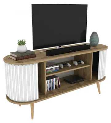 Produktbild von Fernsehschrank Aludra, Ständer für Wohnzimmerfernseher, Niedriges Wohnzimmer-Sideboard, TV-Ständerbasis, 140x43h64 cm, Eiche und Weiß