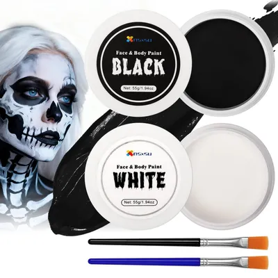 Zdjęcie produktu dla Farby do malowania na Halloween, do twarzy i ciała, białe i czarne, dla dorosłych, zestaw 2 x 55g