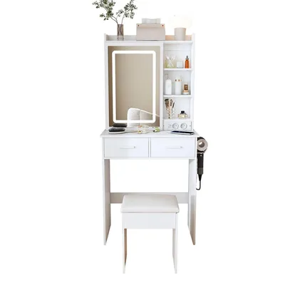 A white vanity table with a mirror and stool, set against a white background.