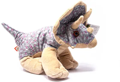A plush toy Triceratops dinosaur is shown from a side-angle on a white background.