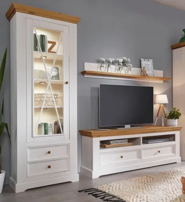 Produktbild von Wohnwand >WZ-0133< (3-teilig) weiss / eichefarbig - 248x214x42 (BxHxT)