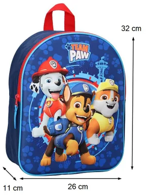 A blue backpack with Paw Patrol characters printed on it, shown with dimensions indicated.