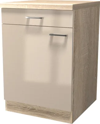 A kitchen base cabinet with a beige front and a wood-effect side and top.