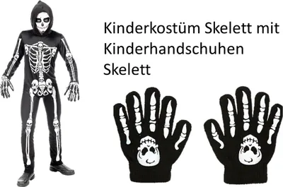 Produktbild von Kinderkostüm Skelett - Set Anzug Skelettkostüm mit Kinder Knochenhandschuhen Gr. 116-158 cm M - 140 cm