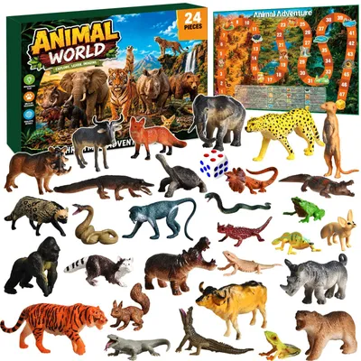 Adventskalender 2026 mit 24 Tierfiguren und Spielkarte