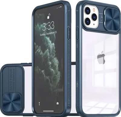 Immagine prodotto di Custodia per iPhone 11 Pro Max Custodia ibrida trasparente in TPU con cover fotocamera scorrevole blu