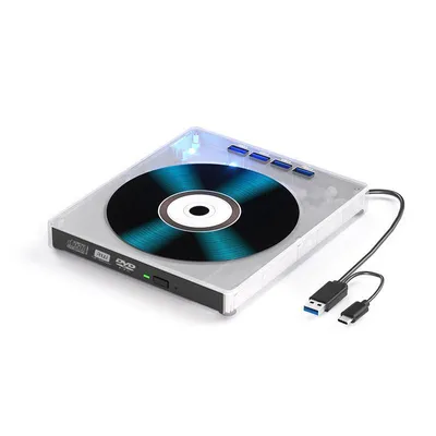 Image de ZELURXX Lecteur de DVD CD externe USB, transparent, silencieux, portable, graveur & lecteur de DVD/CD, hub 4 ports, pour PC/ordinateur portable/MacBook, blanc