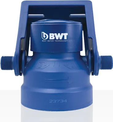 A close-up studio shot of a blue water filter head with a white bottom section.