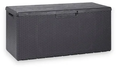 Zdjęcie produktu dla Skrzynia ogrodowa o pojemności 340 l, wykonana z żywicy w kolorze antracytowym imitującej rattan, z pokrywą imitującą drewno Portofino