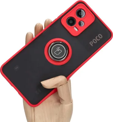 Produktbild von Bizon Case Hybrid Ring Fingerring Hülle für Xiaomi Poco X5 / Redmi Note 12 5G, Rauch mit rotem Rahmen
