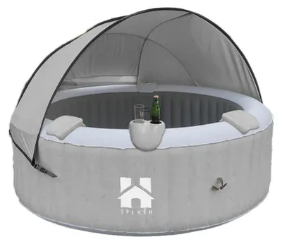 Produktbild von HOME DELUXE - Outdoor Whirlpool - SPLASH + Kissen, Getränkehalter und Sonnendach - Farbe: Grau - ⌀ 208 cm, 130 Luftdüsen - inkl. Abdeckung, Reparaturset, Filterset I Außen Spa für 6 Personen