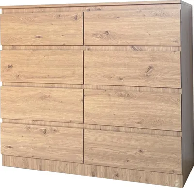 A front view of a wooden dresser with eight drawers.