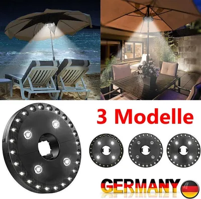 Collage of images showing LED umbrella lights in use on a beach and on a patio, and close-ups of the lights themselves, along with text and a German flag logo.