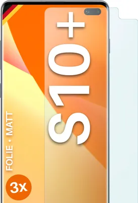 A product image for a screen protector for a Samsung Galaxy S10 Plus, showing the protector and packaging details.