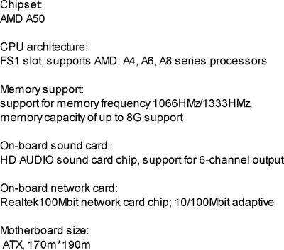 Image de Carte mère pour ordinateur DDR3 FS1 CPU Support des processeurs AMD A4, A6, A8 Support jusqu'à 16G de mémoire 1066HMz/1333HMz Realtek 100Mbit USB2.0 SATA2.0 Tous les condensateurs solides Transmission à haute vitesse Forte compatibilité