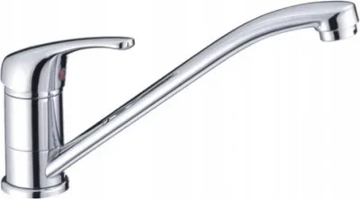 A chrome kitchen faucet against a white background.