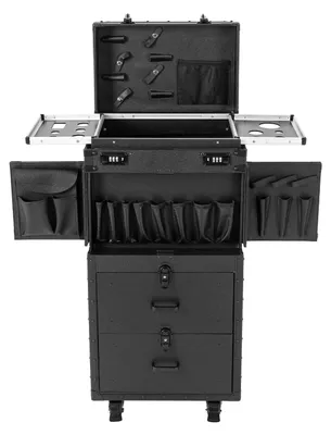 Immagine prodotto di Valigetta per trucco con rotelle - Grande trolley per cosmetici - Ruote girevoli a 360° - Chiusura con combinazione e chiave - Organizer da viaggio inPoliuretano- Nero