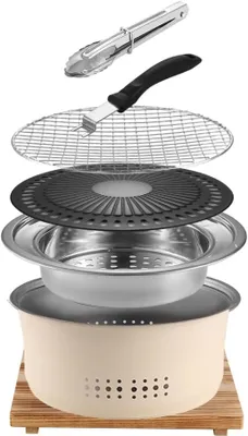 An exploded view of a portable charcoal grill, showing its various components.