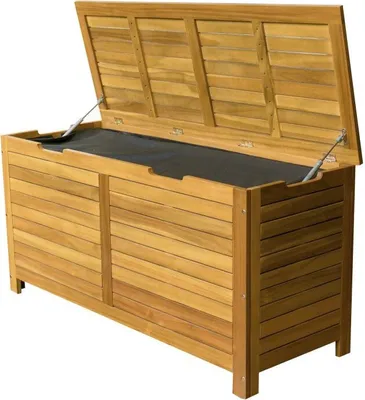 A wooden storage box with its lid open, showing the interior lined with black fabric.