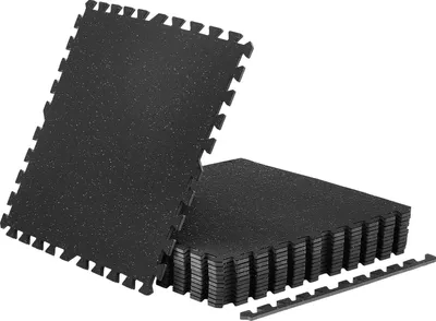Produktbild von SucceBuy 12 x Puzzlematte Bodenschutzmatte 61 x 61 x 1 cm, Hochdichte EVA-Schaumstoffmatte, Ineinandergreifende Fitnessmatte Gymnastikmatte Sportmatte, Trainingsmatte (Schwarz) mit Grauen Punkten