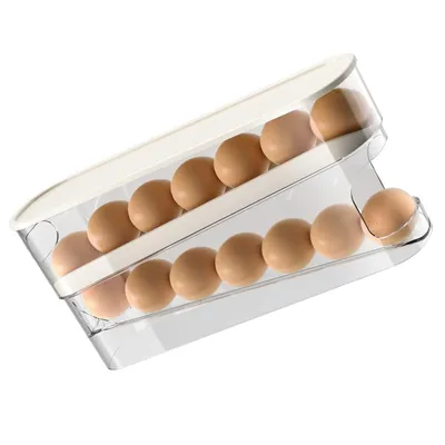 A clear studio shot of a two-tiered egg holder filled with brown eggs, set against a white background.