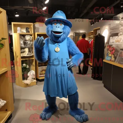 Image de Personnage mascotte REDBROKOLY d un gorille bleu habillé d une robe midi et d épingles à chapeau