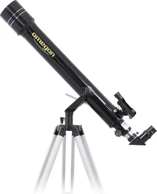 A black telescope on a silver tripod against a white background.