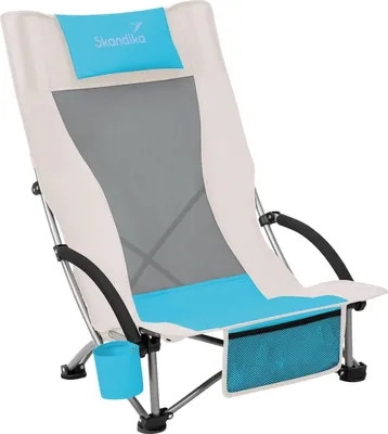 Produktbild von Skandika Beach Strandstuhl tief liegend, hohe Rückenlehne, gepolsterte Armlehnen, Organizer, Getränkehalter, 59x70x85cm