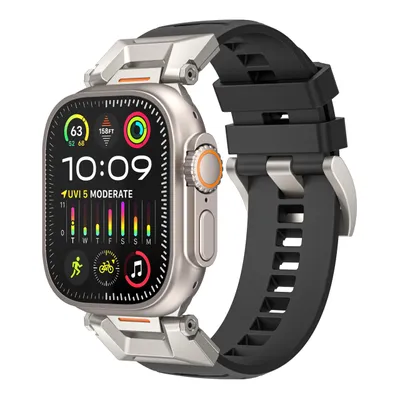 Produktbild von FFO2World Edelstahl-Fluorkautschuk-Armband für Apple Watch 42–49 mm, stoßfestes Sportarmband mit Lünette, passend für alle Serien, Schwarz