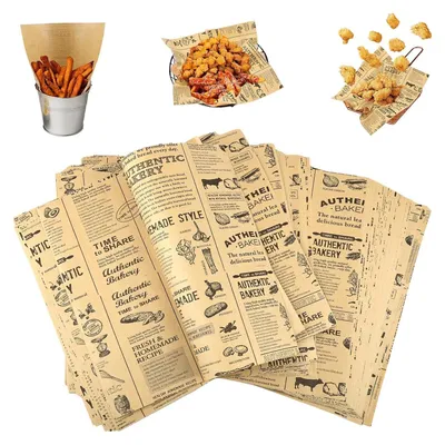 Produktbild von 100 Blätter Backpapier Zeitungsoptik, Backpapier Zuschnitte 25 X 25 cm，Butterbrotpapier, Burger Papier, Käsepapier, Ölbeständiges Sicheres Deli Wrap Papier für Sandwiches, Pommes, Kuchen, Brot