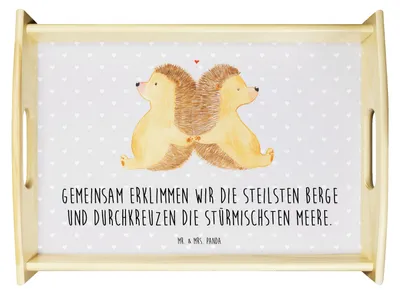 Produktbild von Mr. & Mrs. Panda Tablett Igel händchenhaltend - Grau Pastell - Geschenk, Servier, serviertablett holz, Freundin, Verlobung, Love, Lieblingsmensch, Küchentablett, Liebe