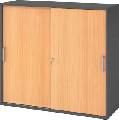 Produktbild von bümö Schiebetürenschrank office - 3 Ordnerhöhen - Griff: Chromgriff (Metall), Nachbildung: Graphit/Buche