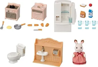 Immagine prodotto di Sylvanian Families Set di mobili per cottage accogliente con coniglietto di cioccolato e figura della mamma, accessori per la casa delle bambole, dai 3 anni in su