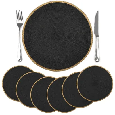 Runde geflochtene Platzsets 6er-Set, 36x36 cm, schwarz, Antirutsch