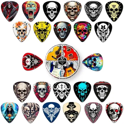 Productafbeelding van Plectrums gitaar - Schedelmotief - 4 diktes - 24 stuks met blikken doosje