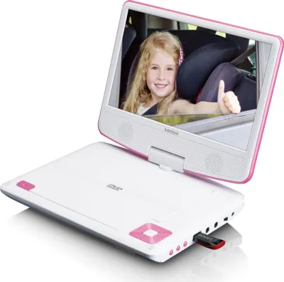 A portable DVD player is shown open, displaying a young girl on its screen. A USB drive is plugged into the side.