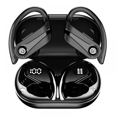 A pair of black wireless earbuds in their charging case.