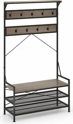 A product shot of a coat rack and shoe bench.