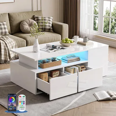 Produktbild von OYAJIA Couchtisch Wohnzimmertisch Hochglanz Design mit LED Beleuchtung &  Bluetooth-Fernbedienung.App-Steuerung offenen Fächern,stabil 100 x 50 x 35cm