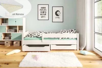 Produktbild von Kinderbett Lina 160x80 Kinderbett mit Rausfallschutz & Lattenrost weiß 80 x 160 für Mädchen und Jungen Massivholz Kiefer, mit Matratzen und Schubladen
