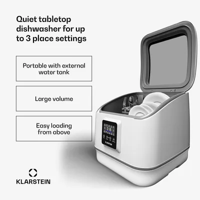 Zdjęcie produktu dla Klarstein SilentScrub - kompaktowa i przenośna zmywarka stołowa na 3 nakrycia, 7 programów i cyfrowy ekran dotykowy - cicha praca 55 dB