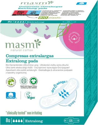 Image de Serviettes hygiéniques bio ultra longues coton Masmi 8 pces
