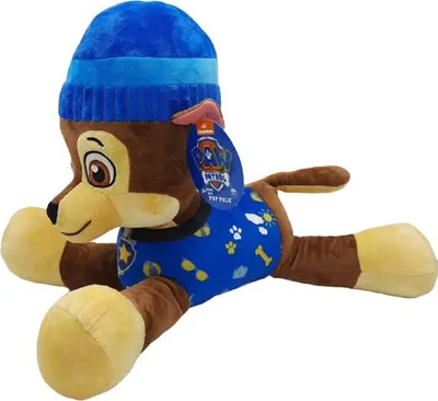 A plush toy of the character Chase from Paw Patrol, wearing a blue hat and vest.