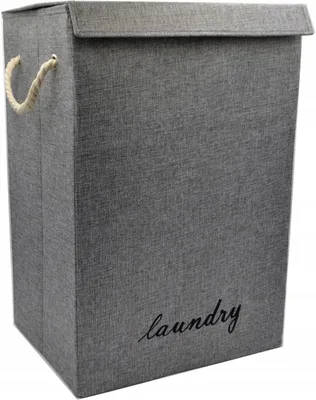 A gray laundry basket with a lid and rope handles.